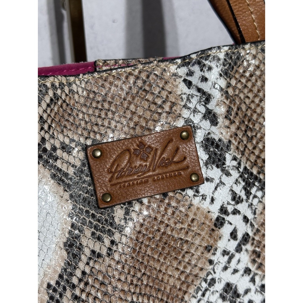 Patricia Nash Shoulder Tote Bag Brown Cracked Italian Leather Python Snakeskin - Picture 9 of 9